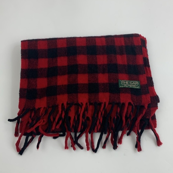 The Gap Vintage Red black Buffalo plaid Scarf Lambswool Tassel Design Soft - Picture 7 of 10